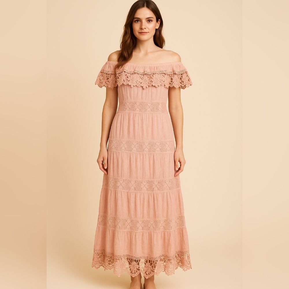Pleasant off-the-shoulder Pale BlushPink Lace Crochet Boho Tiered Maxi Dress M